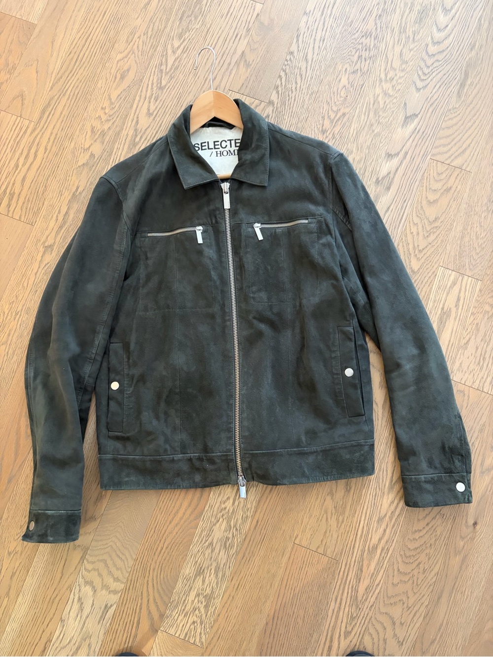 Selected Homme Men's Dark Green Suede Bomber Jacket